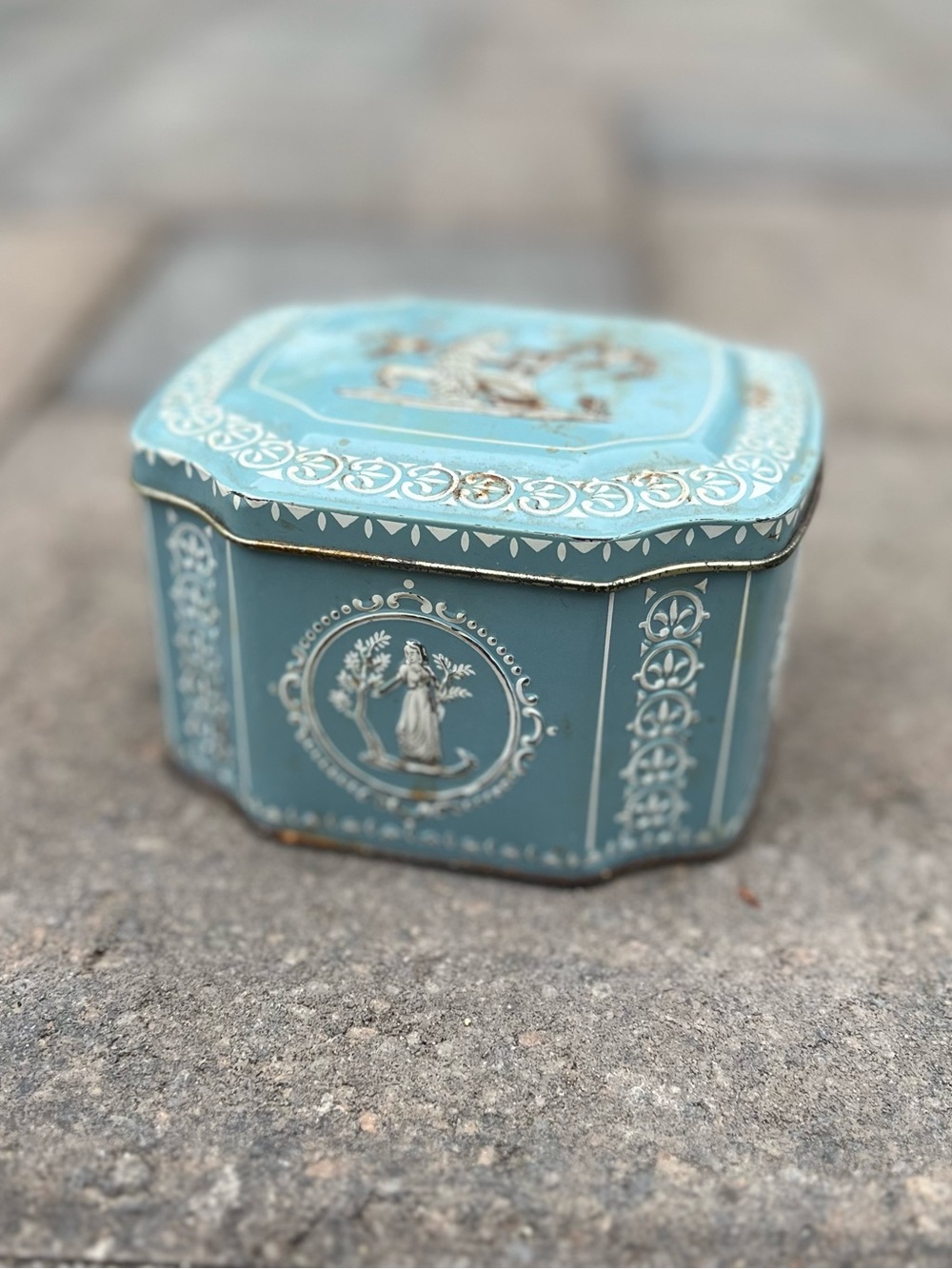 Vintage Blue Neoclassical Lithographed Tin Box | Wedgwood-Style Cameo Figures